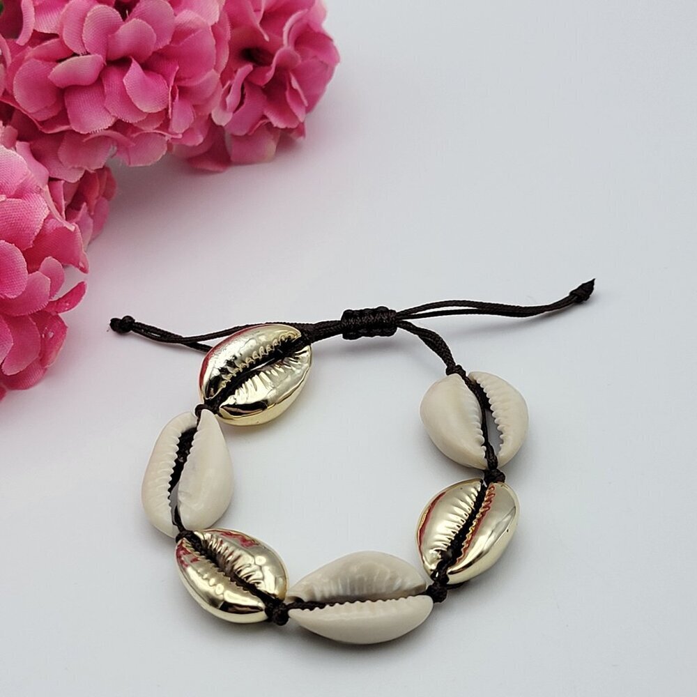 Yellow Gold Plated Cowrie Shell Bracelet Adj. Slider Bolo Brown Cord 5-9.5"